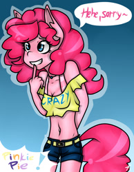 Size: 1400x1800 | Tagged: safe, artist:kikirdcz, pinkie pie, anthro, belly button, clothes, daisy dukes, midriff, solo