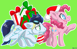 Size: 1100x700 | Tagged: safe, artist:thewardenx3, pinkie pie, soarin', earth pony, pony, carrying, chest fluff, christmas, female, goggles, hat, male, mouth hold, old cutie mark, present, santa hat, shipping, soarinpie, straight