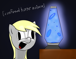 Size: 1200x931 | Tagged: safe, artist:icywindthepony, derpy hooves, confused, descriptive noise, horse noises, lava lamp, solo, text