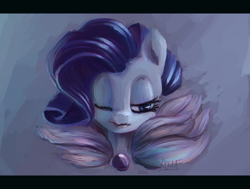 Size: 2662x2015 | Tagged: safe, artist:x-raydistorted, rarity, pony, unicorn, bust, feather, lipstick, missing horn, portrait, solo, wink