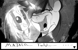 Size: 1280x829 | Tagged: safe, artist:spanish-scoot, derpibooru import, twilight sparkle, twilight sparkle (alicorn), alicorn, pony, female, mare, monochrome, preguntascootaloo, solo, twilight scepter