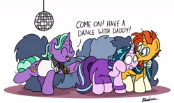 Size: 6481x3847 | Tagged: safe, artist:bobthedalek, firelight, starlight glimmer, sunburst, pony, blaze (coat marking), cape, clothes, crowd, dancing, disco ball, dress, embarrassed, father and child, father and daughter, fathers gonna father, female, hiding, jacket, male, medallion, mortified, parent and child, saturday night fever, silhouette, simple background, socks (coat marking), white background