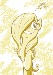 Size: 1447x2047 | Tagged: safe, artist:lovelyneckbeard, fluttershy, credits, grin, hair over one eye, monochrome, raised hoof, smiling, solo, style emulation