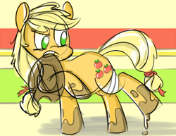 Size: 792x612 | Tagged: safe, artist:bloknbeanbagg, applejack, earth pony, pony, bandage, dirty, mouth hold, solo