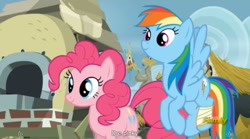 Size: 1276x712 | Tagged: safe, derpibooru import, screencap, pinkie pie, rainbow dash, earth pony, pegasus, pony, the lost treasure of griffonstone, meme, youtube caption