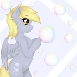 Size: 1280x1280 | Tagged: safe, artist:yuozka, derpy hooves, pegasus, pony, bipedal, bubble, female, mare, solo, standing