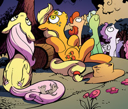 Size: 469x399 | Tagged: safe, idw, applejack, fluttershy, earth pony, mouse, pegasus, pony, spoiler:comic
