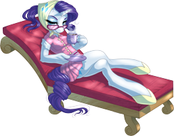 Size: 1587x1238 | Tagged: safe, artist:kittehkatbar, rarity, anthro, unguligrade anthro, unicorn, camping outfit, clothes, female, food, glasses, glasses rarity, hooves, raritea, simple background, sofa, solo, sunglasses, tea, transparent background