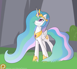 Size: 1280x1143 | Tagged: safe, artist:mechanized515, princess celestia, alicorn, pony, grass, hair over one eye, patreon, smiling, solo, standing