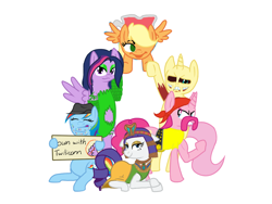 Size: 1024x768 | Tagged: safe, artist:aaron amethyst, derpibooru import, applejack, fluttershy, pinkie pie, rainbow dash, rarity, twilight sparkle, twilight sparkle (alicorn), alicorn, earth pony, pony, carnage, cleopatra, clothes, costume, halloween, halloween costume, hulk hogan, kool-aid man, mane six, neckbeard, poison ivy, race swap