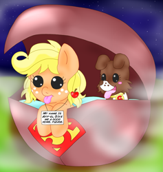 Size: 1485x1569 | Tagged: safe, artist:blackbewhite2k7, applejack, winona, earth pony, pony, app-el, baby, baby pony, babyjack, crossover, foal, krypto the superdog, letter, puppy, space pod, superman, supermare, younger