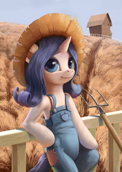 Size: 1024x1449 | Tagged: dead source, safe, artist:maggwai, rarity, pony, unicorn, simple ways, barn, bipedal, bipedal leaning, farmer, female, fence, field, hat, mare, overalls, pitchfork, rarihick, scenery, solo, straw hat