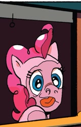 Size: 331x517 | Tagged: safe, artist:andypriceart, idw, pinkie pie, earth pony, pony, spoiler:comic, against glass, comic, face, faic, grimace, pinkie being pinkie, window