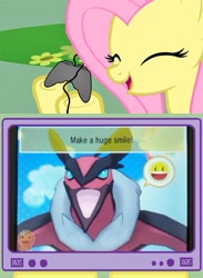 Size: 563x771 | Tagged: safe, fluttershy, pegasus, pony, controller, exploitable meme, eyes closed, female, gamershy, happy, hoof hold, mare, meme, obligatory pony, open mouth, pink mane, pokémon, pokémon amie, screen, smiling, tv meme, yellow coat, yveltal