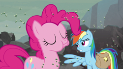 Size: 1280x720 | Tagged: safe, derpibooru import, screencap, pinkie pie, rainbow dash, earth pony, fly, fly-der, pegasus, pony, school raze, chewing, cutie mark, duo, eating, eyes closed, female, gritted teeth, mare, saddle bag, spread wings, teeth, wings