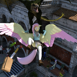 Size: 2000x2000 | Tagged: safe, artist:tahublade7, bon bon, derpy hooves, fluttershy, sweetie drops, oc, oc:bacon bits, anthro, dragon, 3d, assisted exposure, baguette, boots, bread, breasts, caught, clothes, colored wings, daz studio, food, grocery bag, high res, kidnapped, milk, multicolored wings, panties, scared, scarf, shoes, skirt, skirt lift, socks, solo focus, spread wings, sweater, sweatershy, thigh highs, tomato, two toned wings, underwear, upskirt, white underwear, wings
