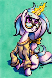 Size: 532x800 | Tagged: safe, artist:truespawnling, princess celestia, alicorn, pony, unicorn, clothes, glasses, solo, sweater, young