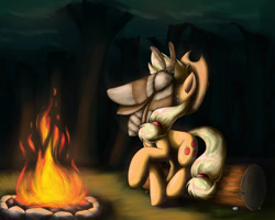 Size: 3150x2520 | Tagged: safe, artist:otakuap, applejack, oc, oc:fluffy the bringer of darkness, earth pony, insect, moth, pony, animal, campfire, facemoth, female, fire, freckles, giant insect, giant moth, hat, log, mare, raised hoof, raised leg, solo, tree