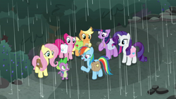 Size: 1280x720 | Tagged: safe, derpibooru import, screencap, applejack, fluttershy, pinkie pie, rainbow dash, rarity, spike, twilight sparkle, twilight sparkle (alicorn), alicorn, dragon, earth pony, pegasus, pony, unicorn, school raze, female, male, mane six, mare, rain, saddle bag, winged spike