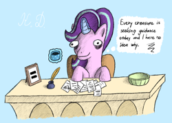 Size: 1120x800 | Tagged: safe, artist:kamidrakin, starlight glimmer, pony, unicorn, bags under eyes, empathy cocoa, glowing horn, guidance counselor, horn, levitation, magic, solo, telekinesis