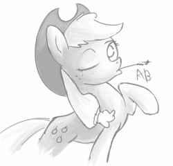 Size: 2060x1980 | Tagged: safe, artist:ab, applejack, earth pony, pony, monochrome, one eye closed, raised hoof, solo