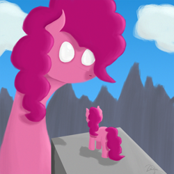 Size: 1800x1800 | Tagged: safe, artist:zeeponi, pinkie pie, earth pony, pony, cloud, cloudy, mountain, surreal