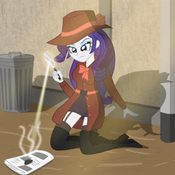 Size: 4056x4048 | Tagged: safe, artist:sumin6301, rarity, equestria girls, absurd resolution, boots, clothes, detective, detective rarity, garters, kneeling, magnifying glass, newspaper, smoke, solo, stockings, thigh boots