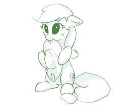 Size: 750x664 | Tagged: safe, artist:junkiekb, applejack, earth pony, pony, :t, biting, cute, floppy ears, hat, hat bite, hoof hold, jackabetes, monochrome, mouth hold, nom, scrunchy face, sitting, smiling, solo