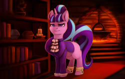 Size: 2100x1332 | Tagged: safe, artist:derpyrider, snowfall frost, starlight glimmer, pony, bookshelf, candle, cauldron, fireplace, solo