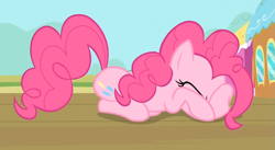 Size: 897x493 | Tagged: safe, screencap, pinkie pie, earth pony, pony, female, hiding, mare, pink coat, pink mane, solo