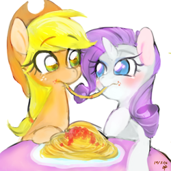 Size: 600x600 | Tagged: safe, artist:kyubi, applejack, rarity, earth pony, pony, unicorn, blushing, eating, female, food, lady and the tramp, lesbian, looking at each other, mare, pasta, rarijack, shipping, spaghetti, spaghetti scene