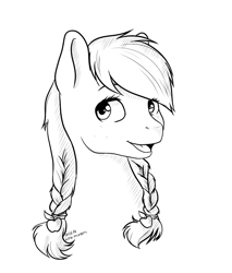 Size: 850x1000 | Tagged: safe, artist:kira-minami, applejack, earth pony, pony, alternate hairstyle, bust, freckles, monochrome, pigtails, solo