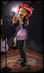 Size: 3776x6265 | Tagged: safe, artist:imafutureguitarhero, sunset shimmer, anthro, plantigrade anthro, unicorn, 3d, absurd file size, absurd resolution, adidas, border, bust, cable, carpet, chromatic aberration, clothes, dress, eyes closed, female, fender stratocaster, film grain, floppy ears, freckles, guitar, headphones, jacket, lamp, leather, leather jacket, lens flare, mare, microphone, multicolored hair, nose wrinkle, open mouth, pants, pop filter, portrait, recording, recording studio, shoes, signature, singing, solo, studio, tracksuit, vertical