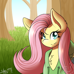 Size: 1000x1000 | Tagged: safe, artist:silverfox057, fluttershy, pegasus, pony, clothes, hoodie, smiling, solo