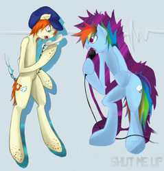 Size: 1124x1176 | Tagged: safe, artist:insanitylittlered, derpibooru import, rainbow dash, oc, pegasus, pony, semi-anthro, duo, mindless self indulgence