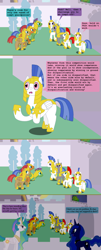 Size: 1000x2477 | Tagged: safe, artist:hakar-kerarmor, princess celestia, princess luna, oc, oc:arrowhead, oc:bastion, oc:monolith, oc:nors, alicorn, pegasus, pony, unicorn, ask four inept guardponies, female, male, mare, paradox, royal guard, stallion, ye olde butcherede englishe