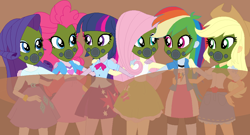 Size: 1023x554 | Tagged: artist needed, safe, derpibooru import, applejack, fluttershy, pinkie pie, rainbow dash, rarity, twilight sparkle, equestria girls, gas mask, mane six, mask