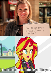 Size: 743x1070 | Tagged: safe, editor:scrounge, screencap, sunset shimmer, human, equestria girls, rainbow rocks, 22 questions from creationists, crossed arms, image macro, irl, irl human, meme, misspelling, notebook, photo, pun, religion, sign, sunset shimmer is not amused, unamused