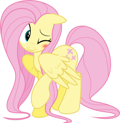 Size: 6000x6183 | Tagged: safe, artist:schmuzart, fluttershy, pegasus, pony, .svg available, absurd resolution, beautiful, blushing, cute, female, floppy ears, long mane, long tail, mare, one eye closed, raised hoof, shyabetes, simple background, smiling, solo, spread wings, transparent background, vector, weapons-grade cute, wings, wink