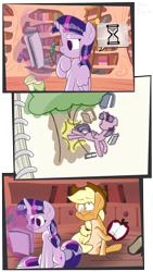 Size: 1040x1840 | Tagged: safe, artist:trace-101, applejack, twilight sparkle, twilight sparkle (alicorn), alicorn, earth pony, pony, applebucking, book, bucking, comic, crayons, female, magic, mare