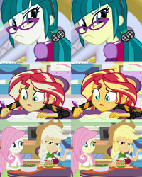 Size: 1080x1350 | Tagged: safe, applejack, fluttershy, juniper montage, sunset shimmer, equestria girls, mirror magic, spoiler:eqg specials, color error, comparison, discovery family logo