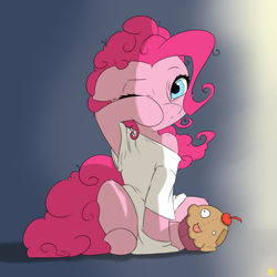 Size: 2400x2400 | Tagged: safe, artist:captainpudgemuffin, edit, pinkie pie, earth pony, pony, clothes, shirt, solo, tired