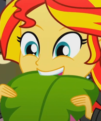 Size: 664x795 | Tagged: safe, screencap, sunset shimmer, epic fails (equestria girls), eqg summertime shorts, equestria girls, cropped, eating, leaf, solo