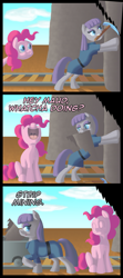Size: 1081x2426 | Tagged: safe, artist:crispokefan, maud pie, pinkie pie, earth pony, pony, comic, eyes closed, fourth wall, it runs in the family, minecart, mining, mouth hold, nose in the air, open mouth, panel play, pickaxe, pun, smiling, tumblr, uvula, visual pun