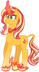 Size: 7756x14173 | Tagged: safe, artist:illumnious, sunset shimmer, pony, unicorn, absurd resolution, collar, curved horn, female, fiery shimmer, fire, horn, leonine tail, magic, regal, simple background, solo, transparent background, vector