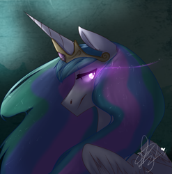 Size: 867x878 | Tagged: safe, artist:discosweetruletik, princess celestia, alicorn, pony, glowing eyes, looking back, profile, solo