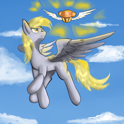 Size: 1000x1000 | Tagged: safe, artist:ruanshi, derpy hooves, pegasus, pony, flying, food, muffin, sky, solo