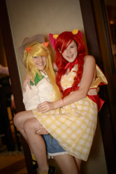 Size: 1152x1728 | Tagged: artist needed, safe, apple bloom, applejack, human, equestria girls, 2014, anime los angeles, braces, carrying, convention, cosplay, irl, irl human, photo