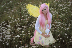 Size: 4898x3265 | Tagged: safe, artist:sewingintherain, angel bunny, fluttershy, human, clothes, cosplay, costume, dress, irl, irl human, photo, solo