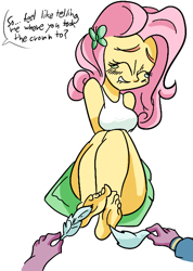 Size: 478x673 | Tagged: safe, artist:sweethd, derpibooru import, fluttershy, twilight sparkle, equestria girls, barefoot, breasts, crying, disembodied hand, feather, feet, female, grin, hootershy, interrogation, smiling, speech bubble, tickle torture, tickling